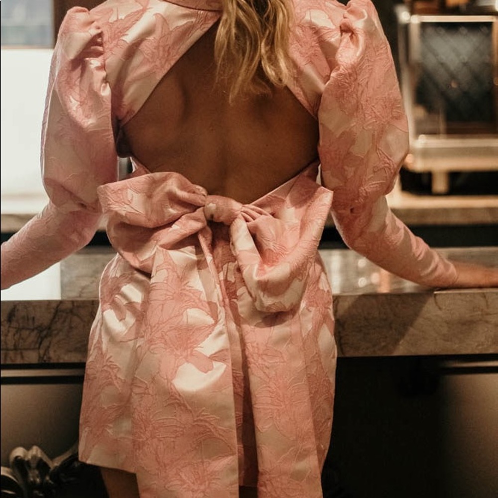 Pink Jacquard Tux Open Back Bow Dress